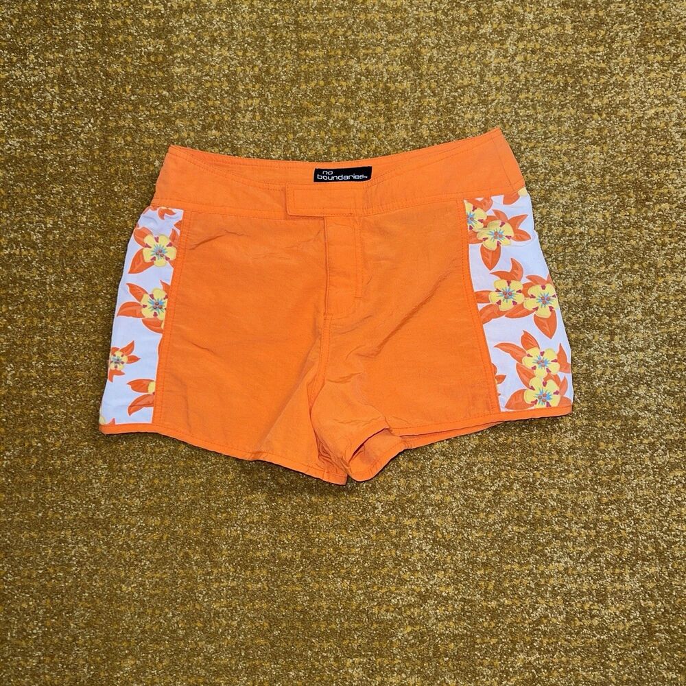 No Boundaries Juniors Board Shorts Medium 7/9 Orange Floral Hibiscus Y2K Nylon